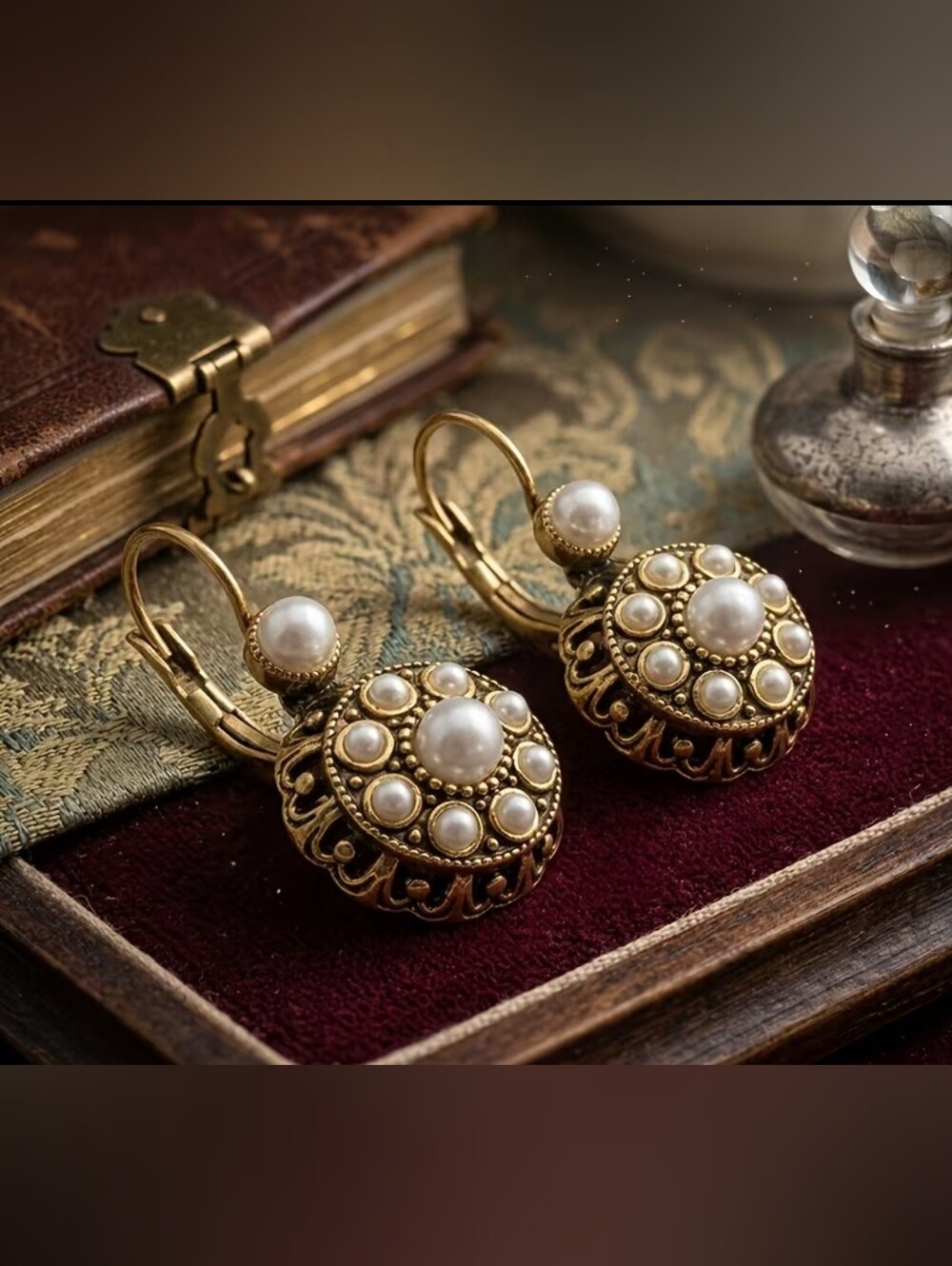 Vintage Victorian Style Antiqued Filigree GoldTone White Pearl Drop Earrings